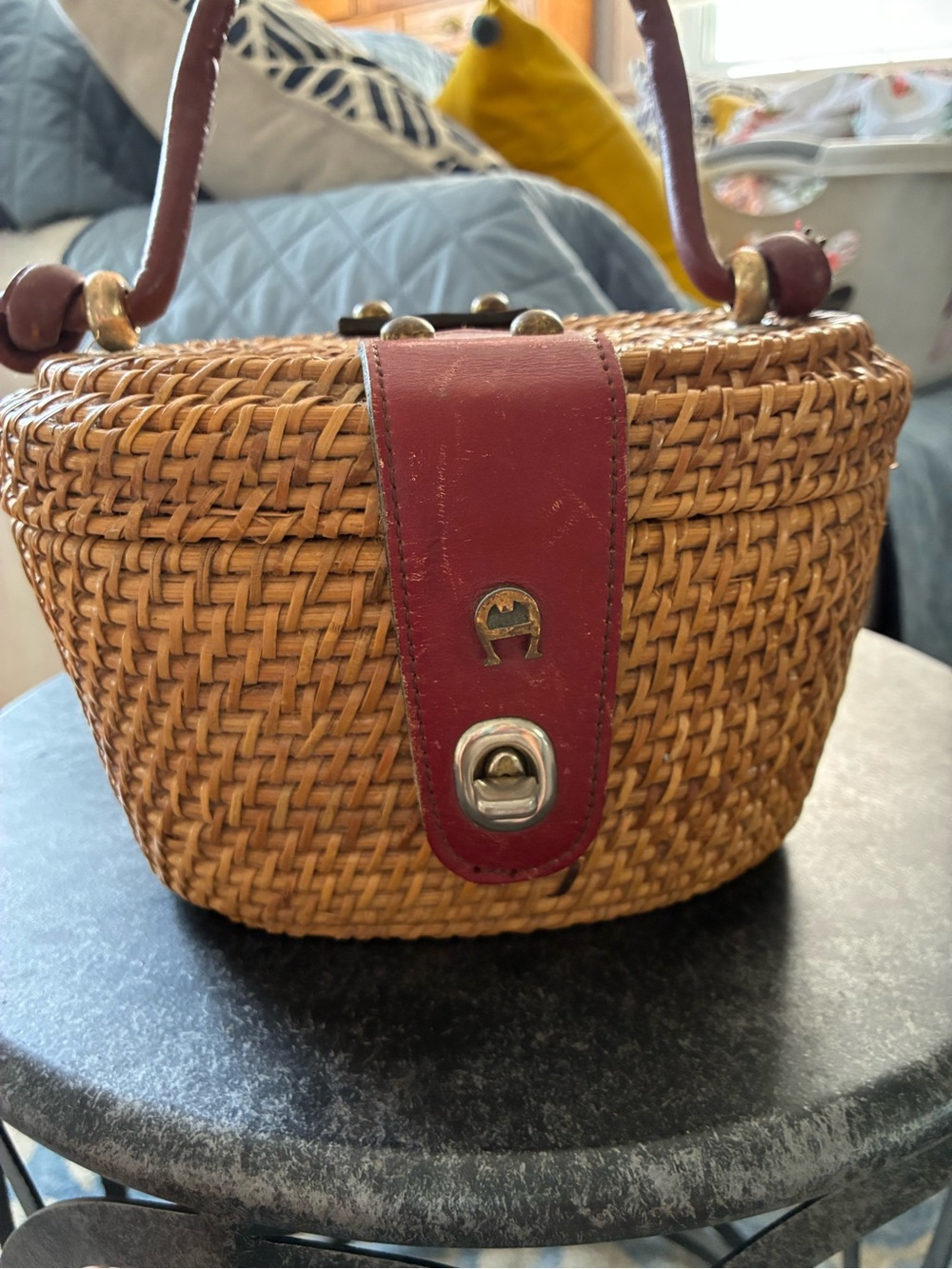 Woven Straw Crossbody Basket Bag with Red Leather Trim